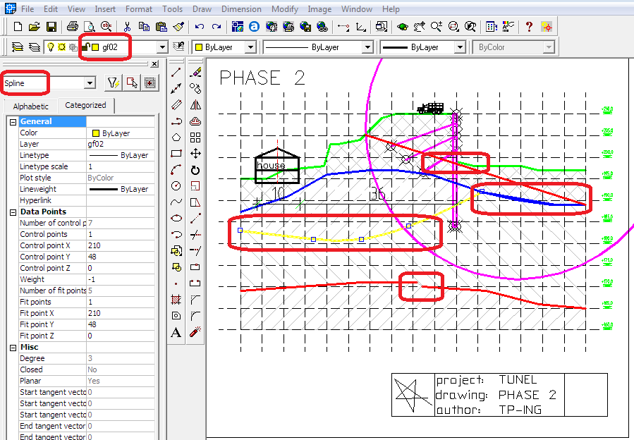 Na konci minulé kapitoly jsme zmínili, že chybí hladina gf02, protože je v původním DXF souboru reprezentována entitou typem SPLINE, kterou import DXF programu GEO5 nedokáže zpracovat.