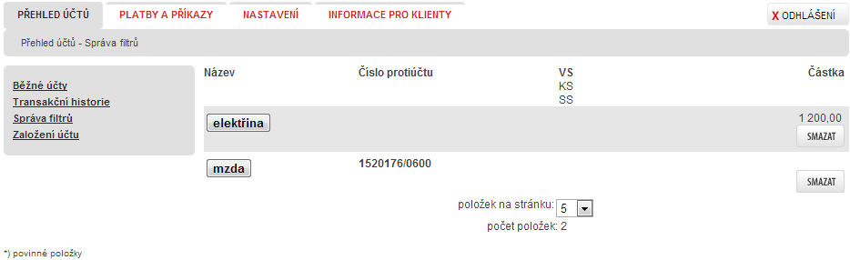 Tlačítko pro uložení filtru Odkaz pro otevření rozšířeného filtru Tlačítko pro zobrazení vybraných operací Tlačítka pro export dat do jednotlivých souborů Obrázek č.