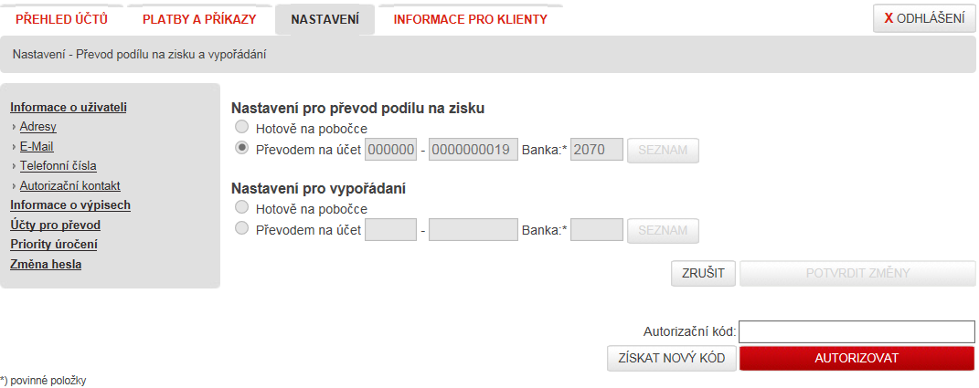 5.4.6. Účty pro převod Obrázek č. 76 Informace o vytištěných výpisech k účtu V části Účty pro převod lze nastavit, jakým způsobem požadujete výplatu podílu na zisku nebo výplatu vypořádacího podílu.