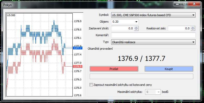 Zadání obchodu: Klikněte pravým tlačítkem myši na graf požadovaného aktiva a zadejte první možnost seshora Obchod a dále Nový pokyn.
