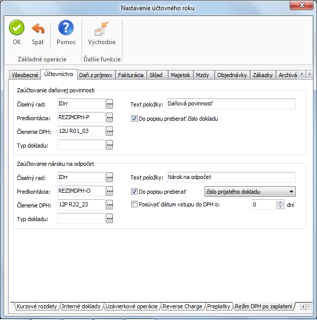 Ďalšie údaje číselný rad, predkontácie pre zaúčtovanie, popisy položiek, ktoré sa majú na internom doklade použiť- si môžete prednastaviť v Nastavení účtovného roka (karta Money / Možnosti a