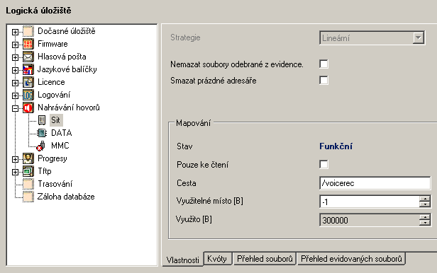 Vlastnosti Záložka Vlastnosti má následující parametry: Strategie Volba se týká způsobu výběru fyzických úložišť daného logického úložiště. V současné době je k dispozici pouze lineární strategie.