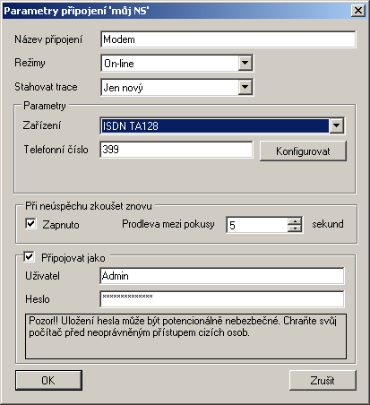 Obrázek: Nastavení parametrů připojení pro vzdálený dohled prostřednictvím ISDN modemu Nastavení modemu Menu obsahuje tyto parametry: Posílání trace povoleno Volbou se povoluje zasílání systémových