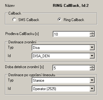 Obrázek: Pohled na konfiguraci routovacího objektu CallBack pro hovory SMS CallBack Sekce obsahuje tyto parametry: Název Zobrazuje pouze jméno zvoleného objektu. Nemá žádnou další funkci.