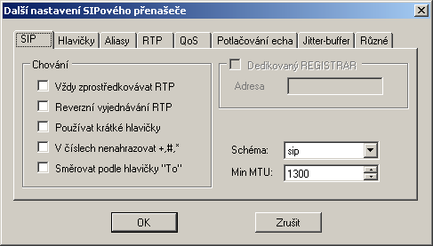 Další parametry Obrázek: Pohled na dialog pro konfiguraci rozšířených parametrů VoIP přenašečů SIP V záložce SIP jsou tyto parametry: Vždy zprostředkovávat RTP Pokud je tento parametr aktivní, je RTP
