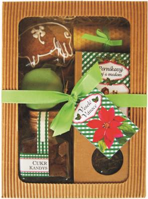 91239 Vianočná sada s kávou a čokoládou Káva Brasil, 100% arabica, zrnková káva, 50 g Belgická čokoláda Guličky 5ks vonná zmes bylín 5ks darčeková krabica, vianočná ozdoba farba stuhy podľa výberu a