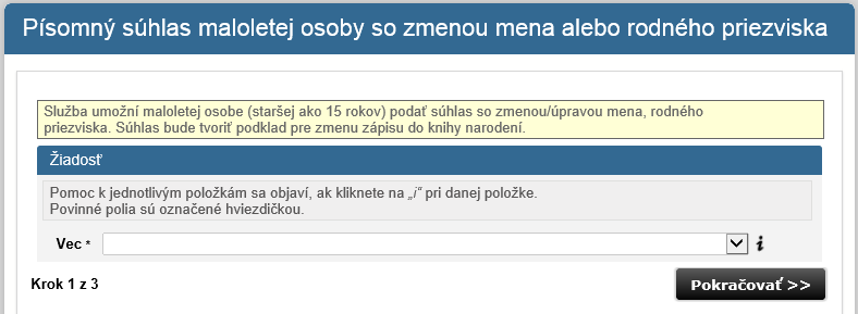 Písomný súhlas maloletej osoby staršej ako 15 rokov so zmenou poradia mien, ktorý vyberte, ak vyjadrujete súhlas so žiadosťou vášho rodiča o rodičov o zmenu poradia mien pre maloleté dieťa Písomný