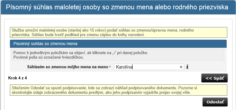 Krok 4f: V prípade, že ste v druhom kroku vybrali Písomný súhlas maloletej osoby staršej ako 15 rokov so zrušením 2. a 3.