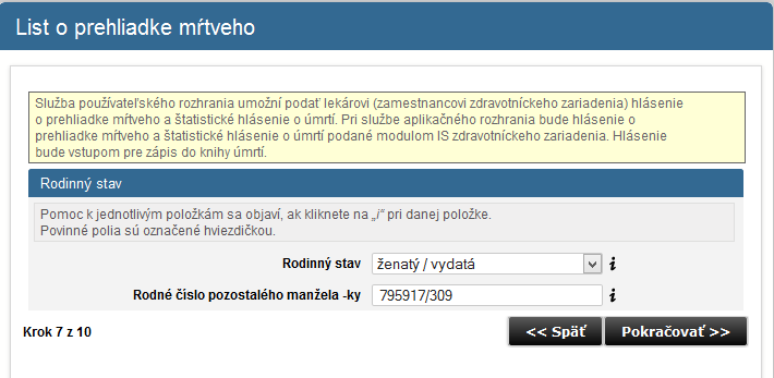 Krok 7 : Používateľ vyplní rodinný stav zomrelého a v prípade, že je