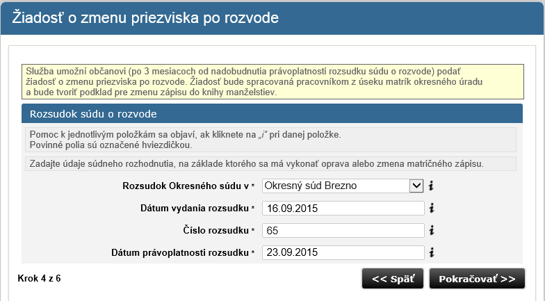 Krok 4: Uveďte údaje z právoplatného rozsudku súdu o rozvode vášho