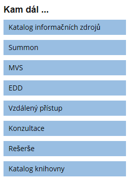 Katalogy a databáze K vyhledávání informací můžete využít: Katalog knihovny Digitální knihovna (repozitář) Vyhledávač SUMMON Přehled databází: Katalog EIZ, Abecední seznam, Podle oborů Hledáte: