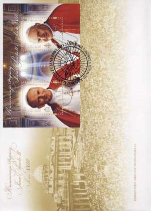 - 27 - Na aršíku jsou portréty obou papežů. Tisk vícebarevným ofsetem PWPW, S.A. Warszawa. Papír bílý, fluorescenční. Náklad polské verze 200.000 kusů aršíků.