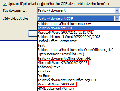 Obrázok 9: Uloženie vo formáte Microsoft Word Tip Ak chceme, aby Writer ukladal dokumenty v inom formáte ako textový dokument ODF (.