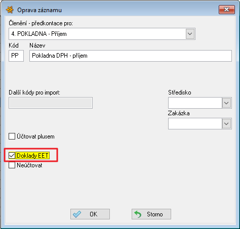 POZOR! Nastavení provozovny je nutné i v případě, že nebude zaškrtnut parametr Doklady EET. 5.3 Číselník Druhové členění - předkontace Na záznamu typu 4.