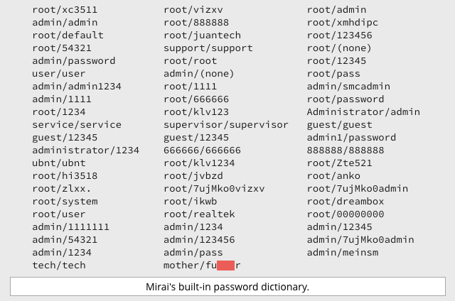 Jak funguje botnet MIRAI Zkouší se připojit Telnetem na porty 23 a 2323 Testuje malý slovník kombinací přihlašovacích jmen a hesel Po úspěšném přínku se spustí malware Ten zabije proces obsluhující