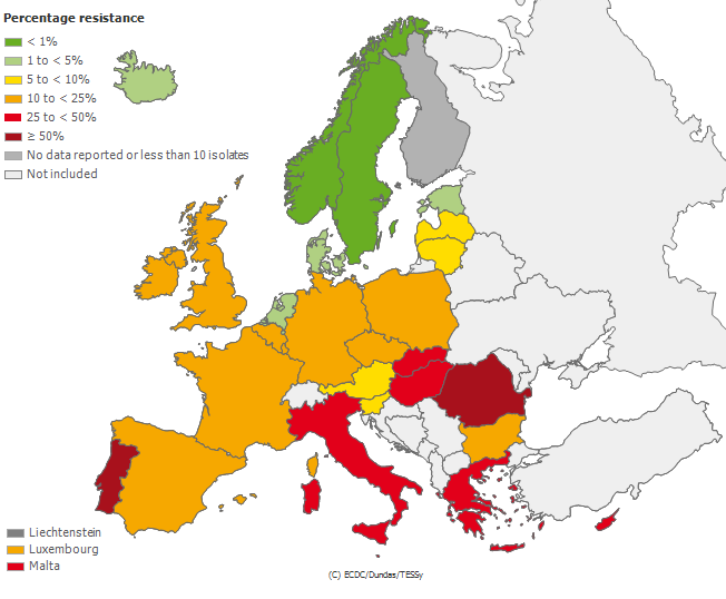 Obrázek 1: Procentuální zastoupení kmenů MRSA z invazivních izolátů v Evropě v roce 2011 (upraveno dle http://ecdc.europa.eu/en/activities/surveillance/ears- Net/database/Pages/maps_report.