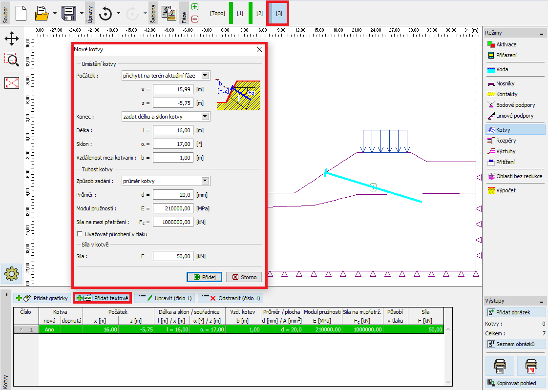 Dialogové okno Nové kotvy Fáze budování 3 Poznámka: U výpočtu stability svahu vstupují předepnuté kotvy do vlastního výpočtu jako přitížení silou, která působí v hlavě kotvy tuhost kotvy tedy nemá na