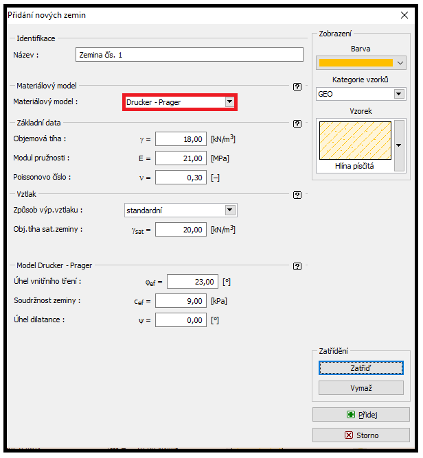 Nyní zadáme příslušné parametry zeminy a následně přiřadíme zeminy do jednotlivých oblastí. Pro tuto úlohu zvolíme Drucker-Pragerův model (více viz poznámka).