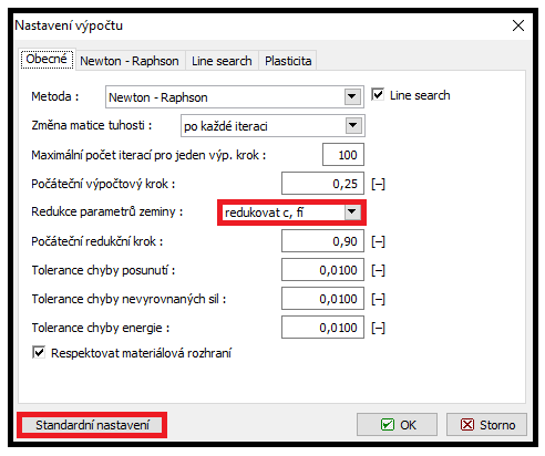 Dialogové okno Nastavení výpočtu Poznámka: Vlastní výpočet stupně stability je založen na metodě redukce parametrů pevnosti zeminy c,.