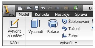 Příkazy a nástroje pro modelování se nacházejí na pásu karet pod panelem nástrojů Rychlý přístup a jsou uspořádány na kartách a panelech jednotlivých karet.