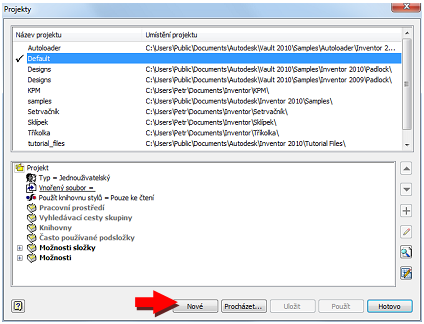 Řešený příklad 1 Vytvoření nového pracovního projektu v AD Inventor. 1) Po spuštění aplikace AD Inventor klikněte v levém horním rohu na tlačítko Projekty (obrázek 11).