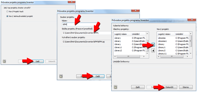 Obr. 13. Okna průvodce vytvoření projektu v AD Inventor 4) Ukončením průvodce vytvoření projektu budete navráceni zpět na okno projektů (obrázek 12).