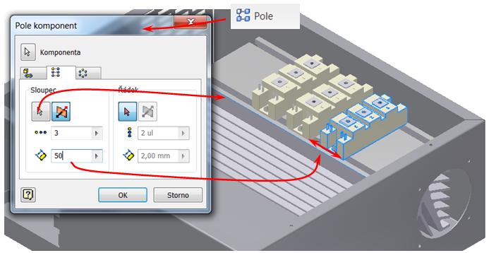 b) Vyberte komponent, určete směr komponentů pole a orientaci. c) Nastavte počet výskytů (3x) a vzájemnou vzdálenost mezi výskyty (50 mm). Obr. 94.