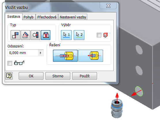 Následně zbylé dvě vývodky vložíte pomocí pole. Obr. 95 Nastavení typu vazby vložení 7) Modelová sestava je hotova. Výpis použitých komponentů je uveden v prohlížeči sestavy.