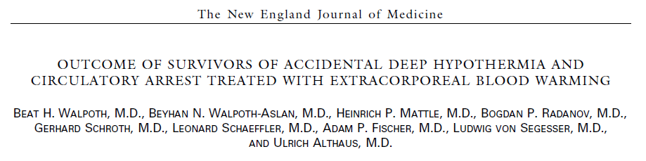Dlouhodobé přežití pacientů s těžkou hypotermií N Egl J Med 1997;337:1500-5 324 pacientů s HT těžká HT se zástavou oběhu: 46 pacientů, EEC: 32 pacientů ve 3 centrech Dlouhodobé přežití: 15 (47%) 7