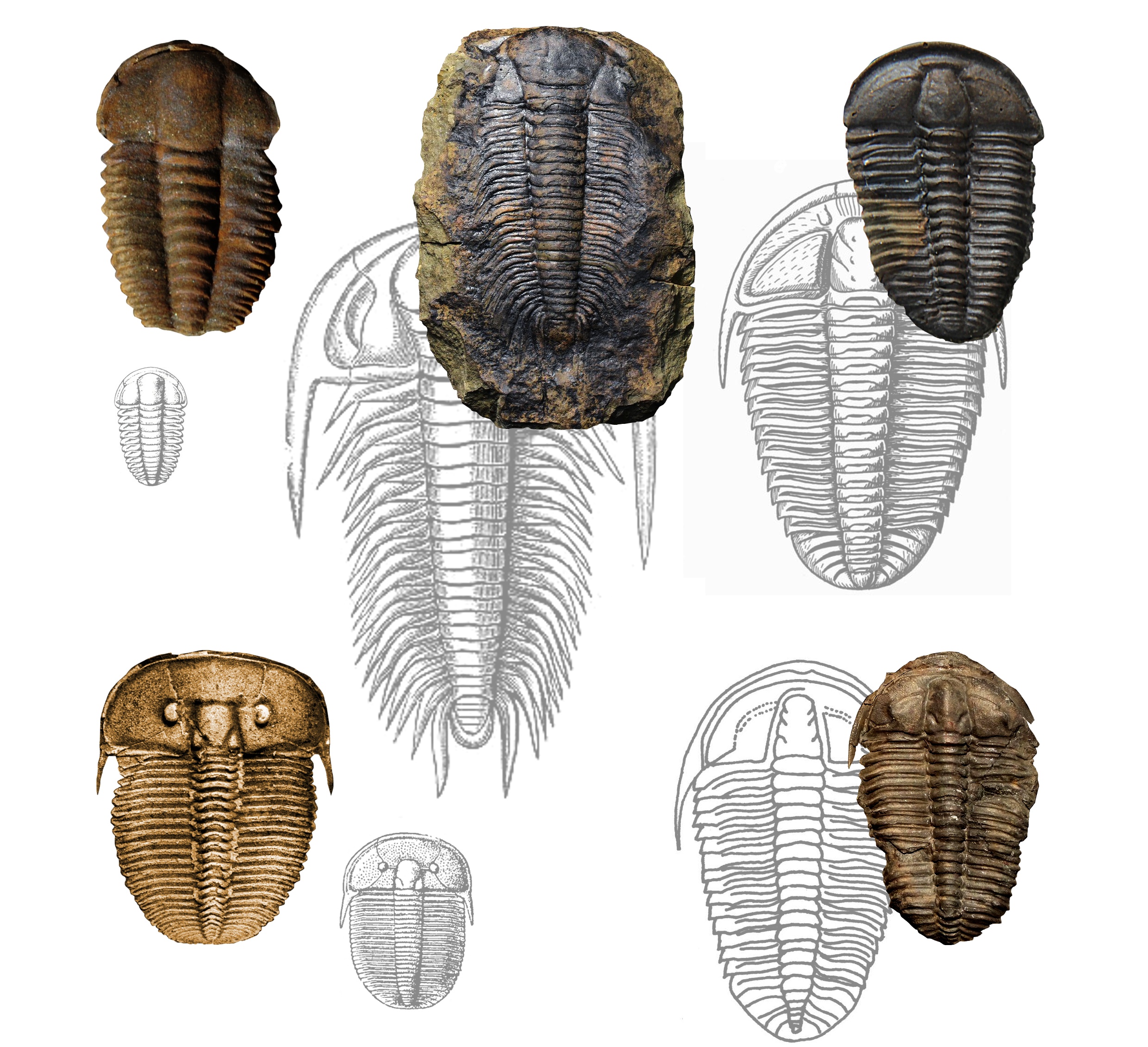 Typičtí čeští trilobiti (šedě vyobrazena skutečná velikost) Ellipsocephalus hoffi