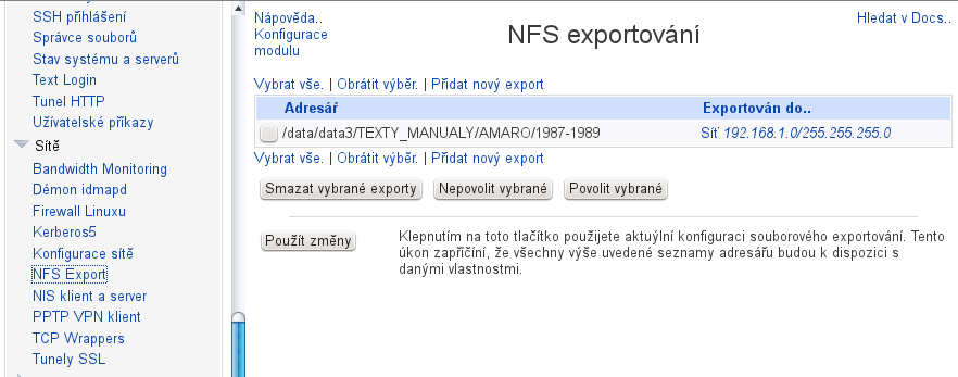 Náhradní konfigurace exportů nfs-serveru nástrojem WEBMIN Obr.