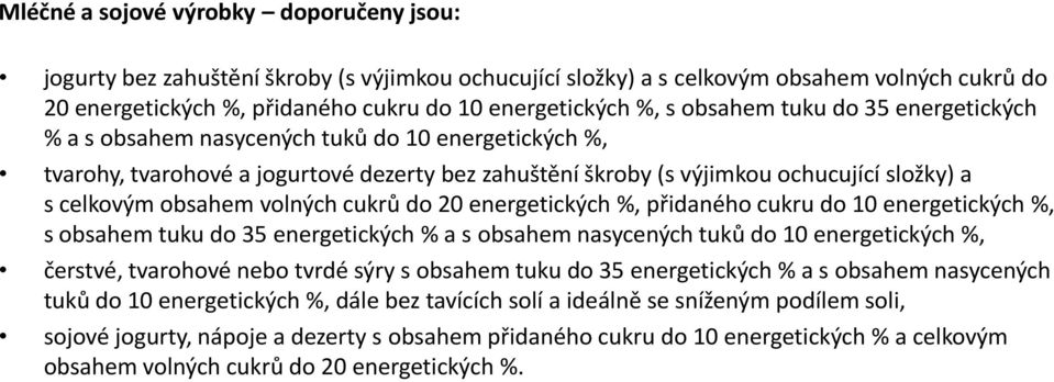 volných cukrů do 20 energetických %, přidaného cukru do 10 energetických %, s obsahem tuku do 35 energetických % a s obsahem nasycených tuků do 10 energetických %, čerstvé, tvarohové nebo tvrdé sýry