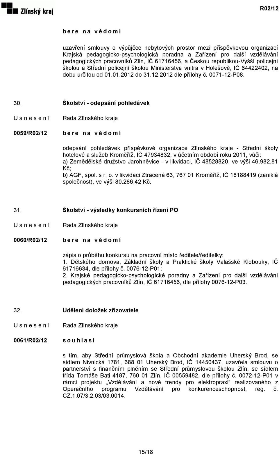 Školství - odepsání pohledávek 0059/R02/12 odepsání pohledávek příspěvkové organizace Zlínského kraje - Střední školy hotelové a služeb Kroměříž, IČ 47934832, v účetním období roku 2011, vůči: a)