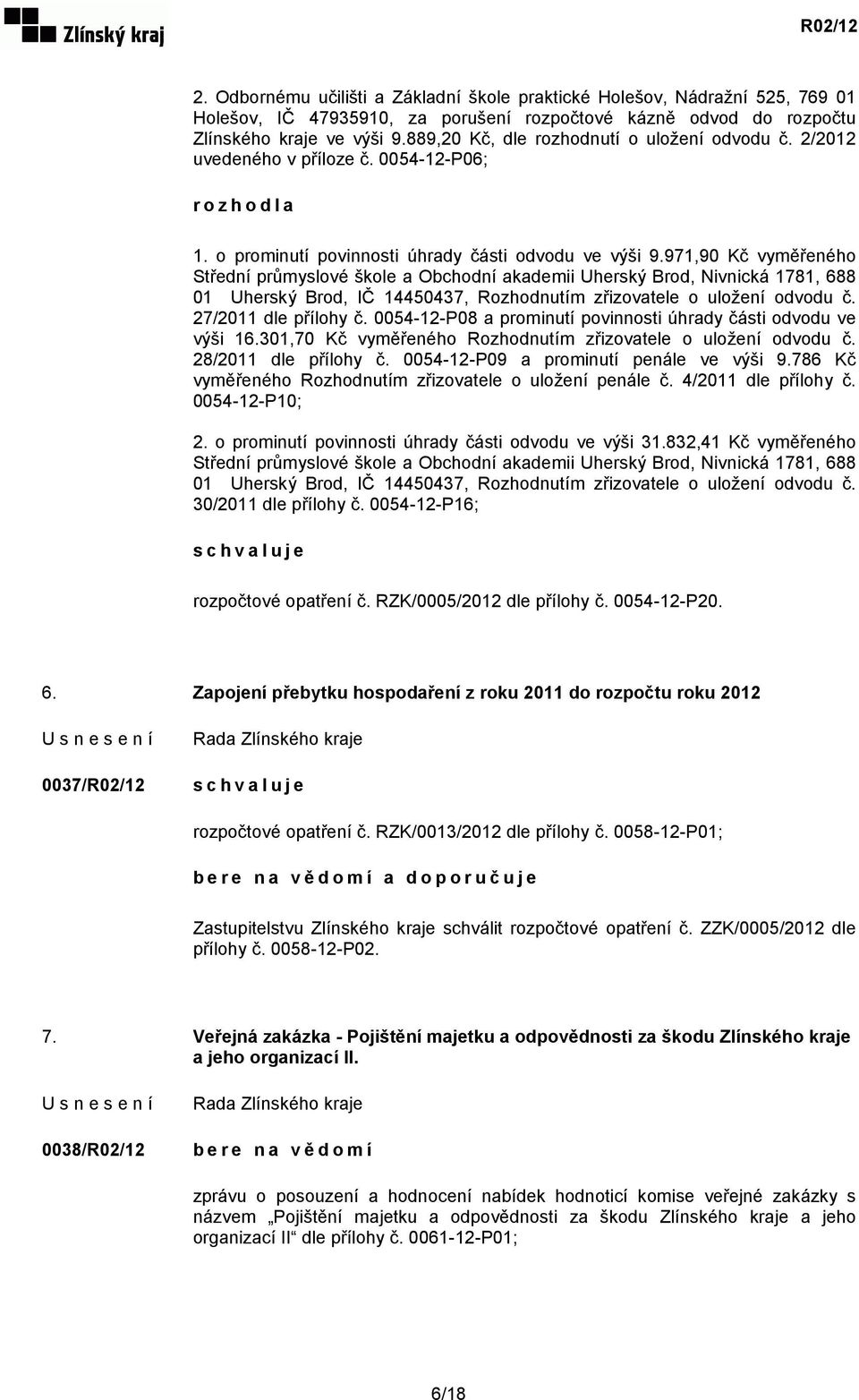 971,90 Kč vyměřeného Střední průmyslové škole a Obchodní akademii Uherský Brod, Nivnická 1781, 688 01 Uherský Brod, IČ 14450437, Rozhodnutím zřizovatele o uložení odvodu č. 27/2011 dle přílohy č.