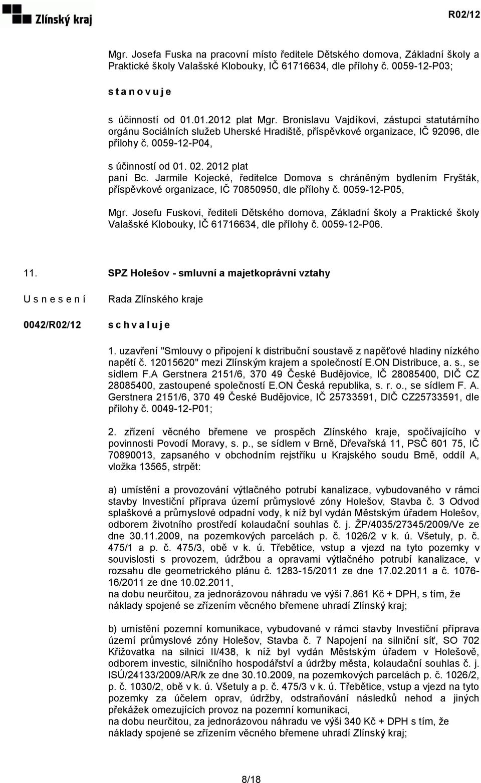 Jarmile Kojecké, ředitelce Domova s chráněným bydlením Fryšták, příspěvkové organizace, IČ 70850950, dle přílohy č. 0059-12-P05, Mgr.