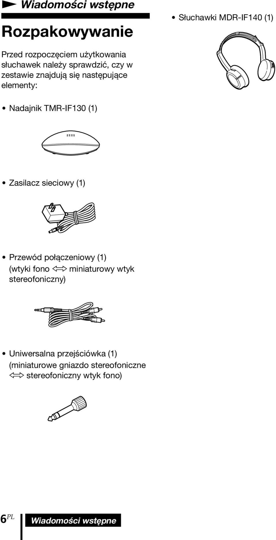 sieciowy (1) Przewód połączeniowy (1) (wtyki fono h miniaturowy wtyk stereofoniczny) Uniwersalna