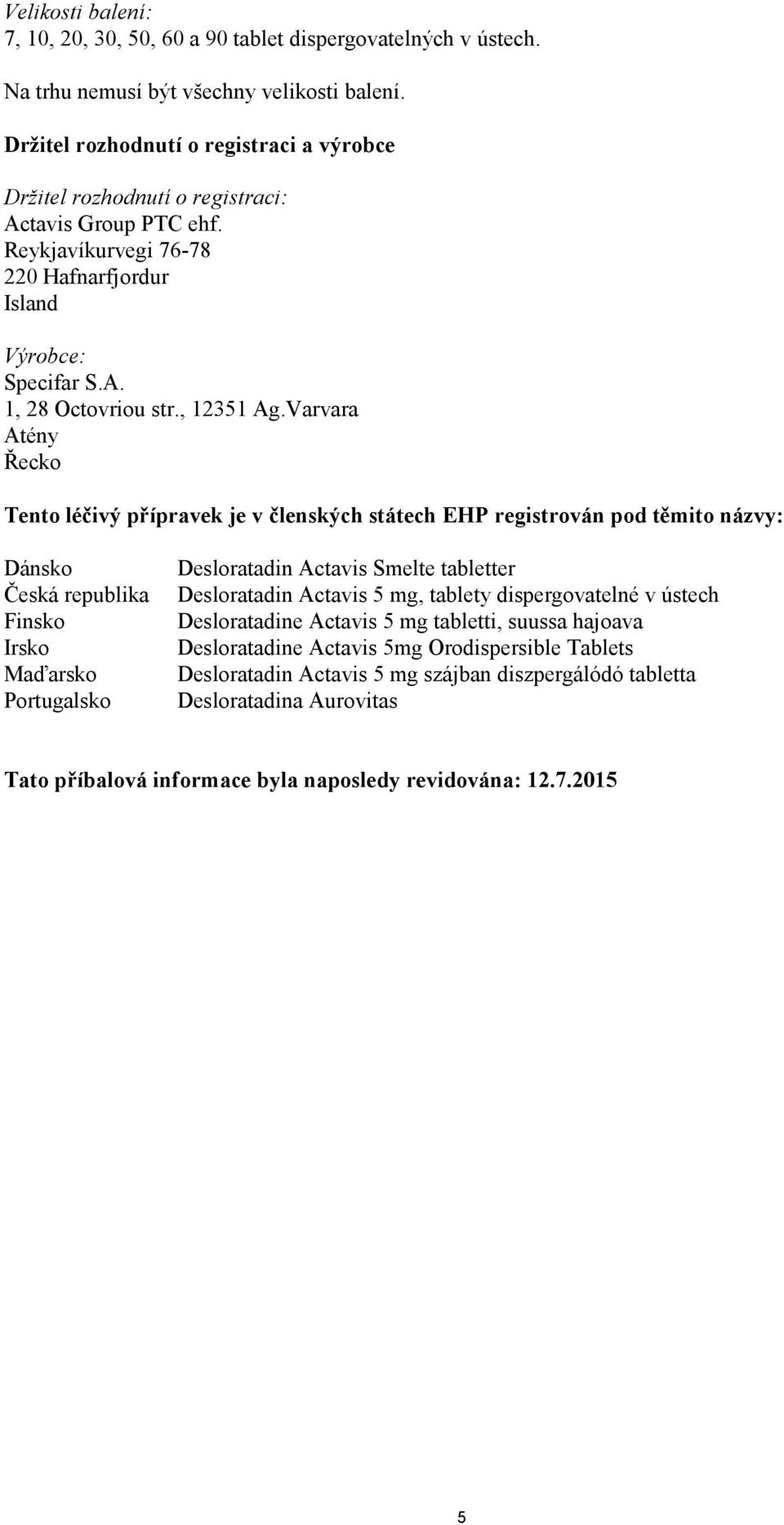 Varvara Atény Řecko Tento léčivý přípravek je v členských státech EHP registrován pod těmito názvy: Dánsko Česká republika Finsko Irsko Maďarsko Portugalsko Desloratadin Actavis Smelte tabletter