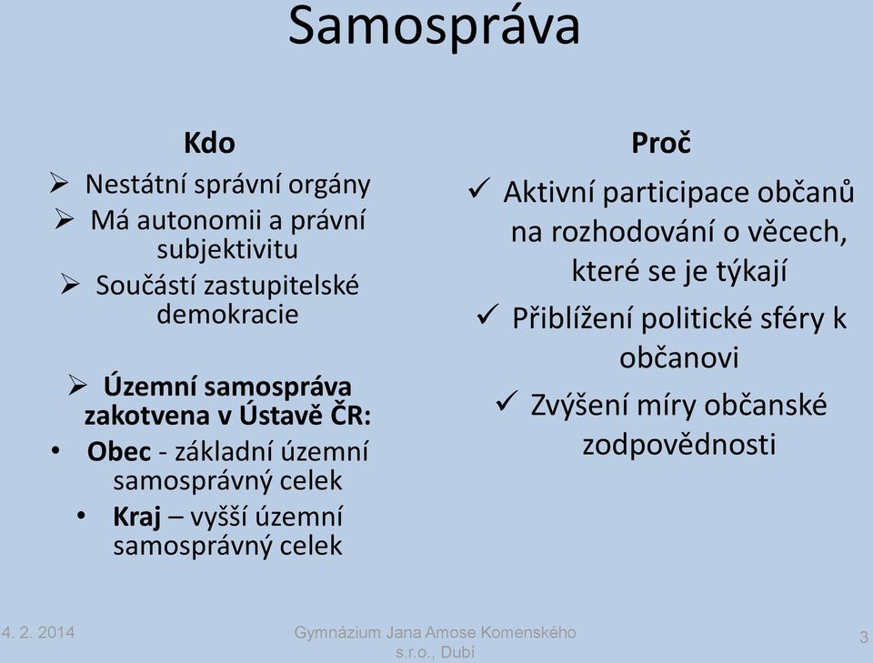 samosprávný celek Kraj vyšší územní samosprávný celek Proč Aktivní participace občanů na