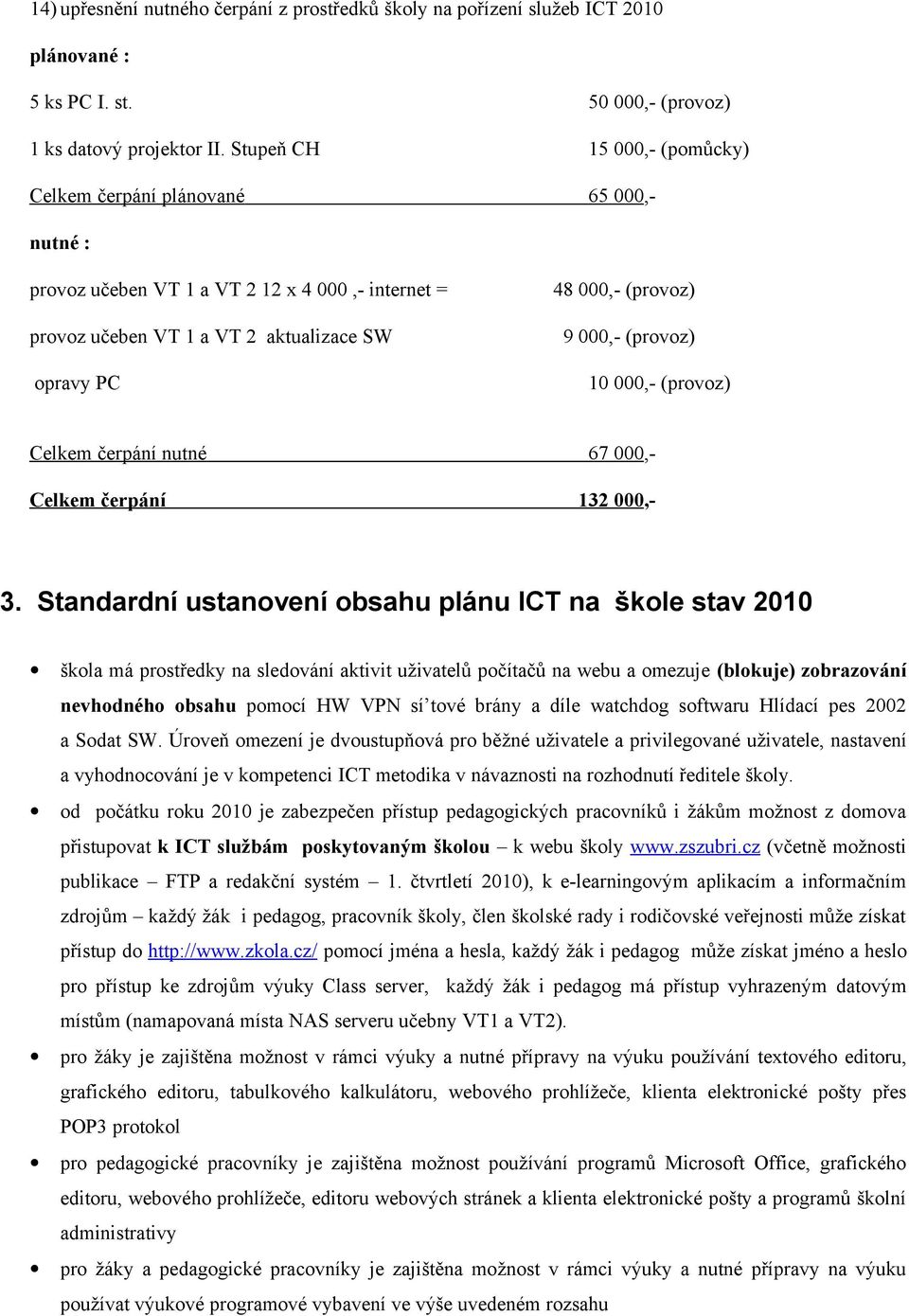 (provoz) 10 000,- (provoz) Celkem čerpání nutné 67 000,- Celkem čerpání 132 000,- 3.