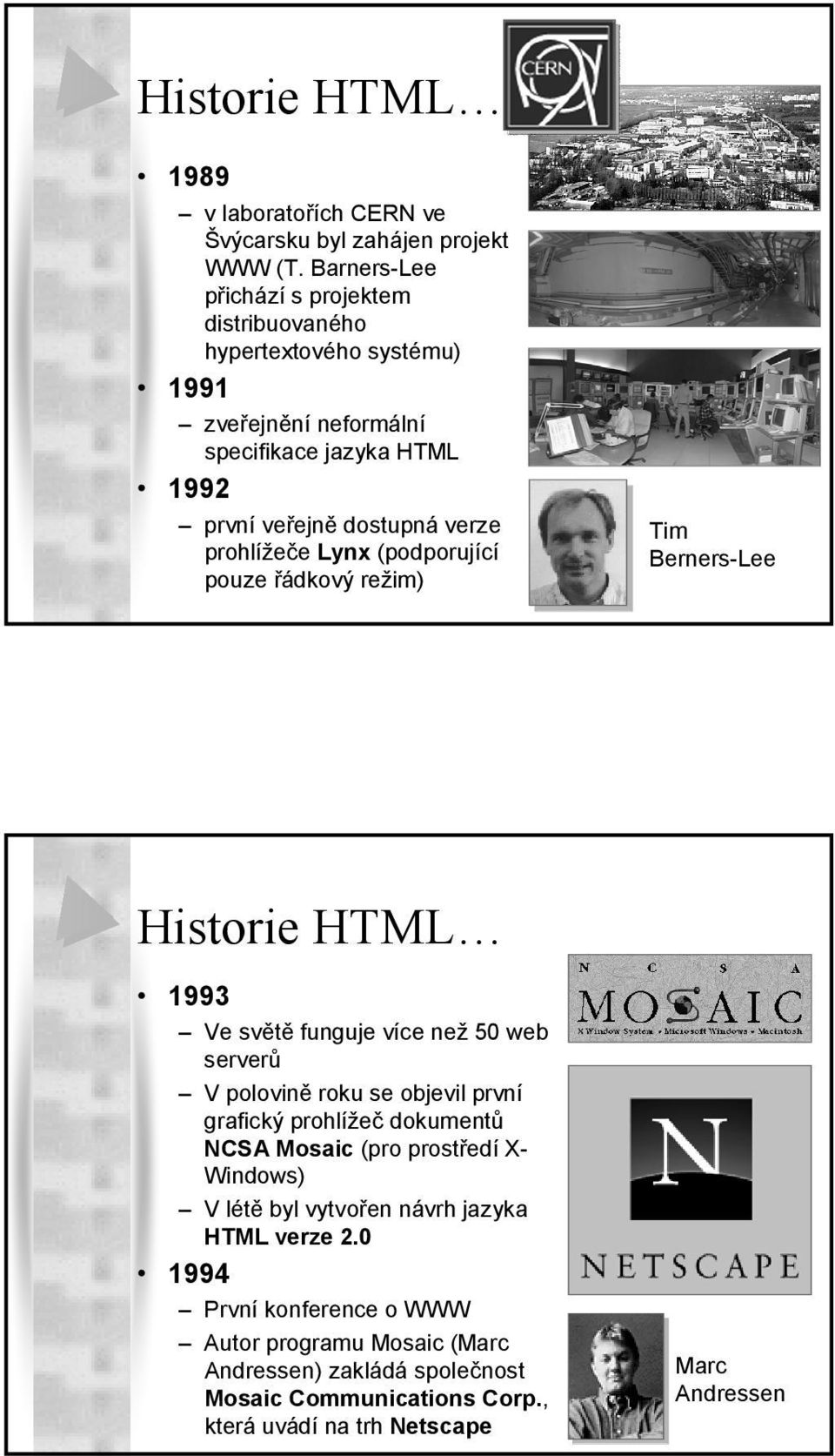prohlížeče Lynx (podporující pouze řádkový režim) Tim Berners-Lee Historie HTML 1993 Ve světě funguje více než 50 web serverů V polovině roku se objevil první grafický
