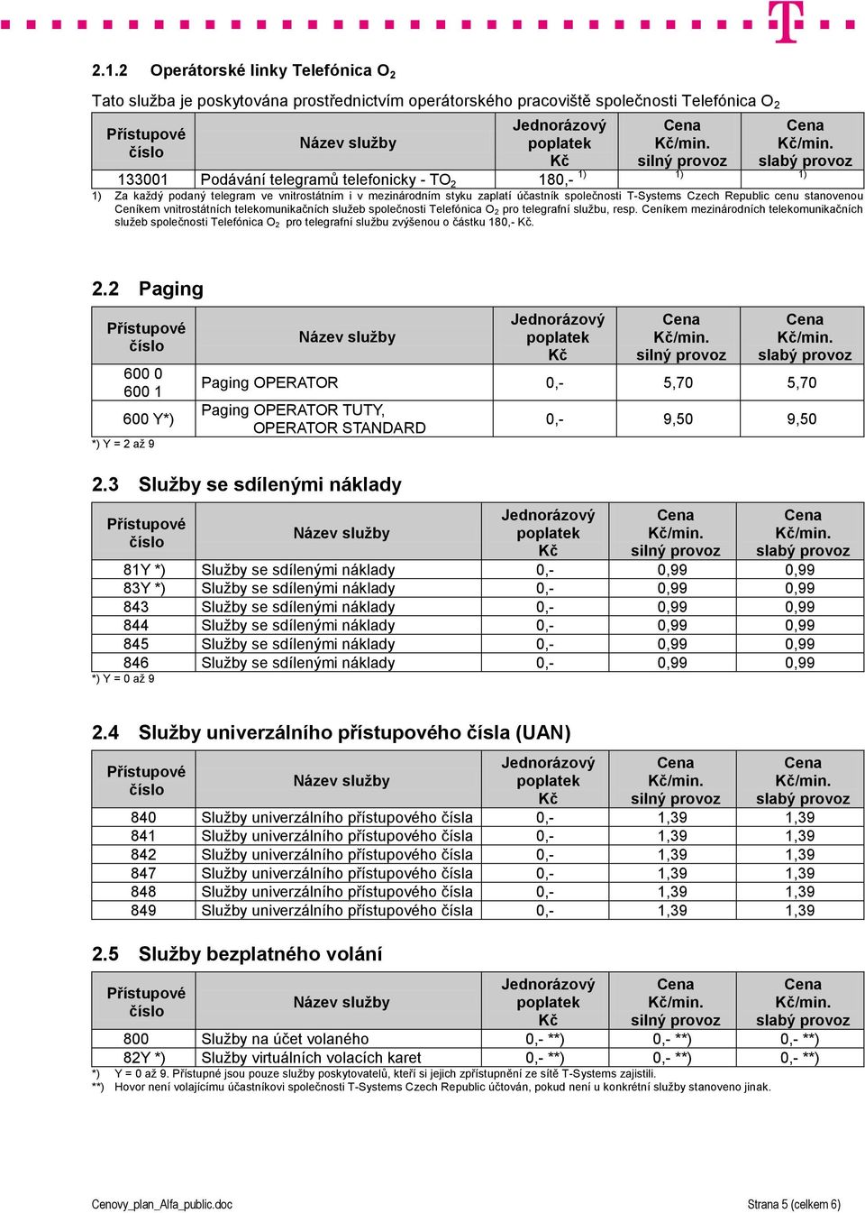 Telefónica O 2 pro telegrafní službu, resp. Ceníkem mezinárodních telekomunikačních služeb společnosti Telefónica O 2 pro telegrafní službu zvýšenou o částku 180,-. 2.2 Paging 600 0 600 1 600 Y*) *) Y = 2 až 9 Paging OPERATOR 0,- 5,70 5,70 Paging OPERATOR TUTY, OPERATOR STANDARD 2.