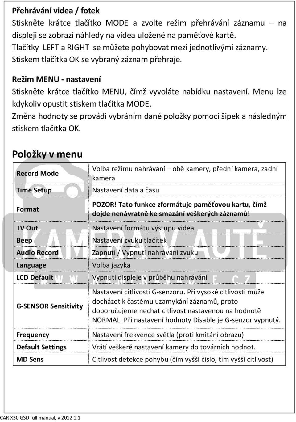 Režim MENU - nastavení Stiskněte krátce tlačítko MENU, čímž vyvoláte nabídku nastavení. Menu lze kdykoliv opustit stiskem tlačítka MODE.