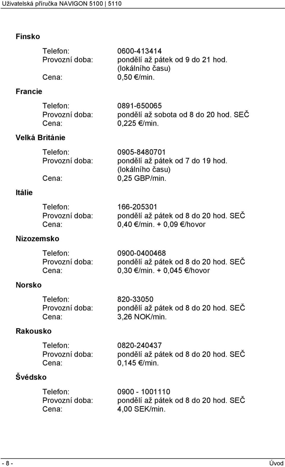 Itálie Telefon: 166-205301 Provozní doba: pondělí až pátek od 8 do 20 hod. SEČ Cena: 0,40 /min. + 0,09 /hovor Nizozemsko Telefon: 0900-0400468 Provozní doba: pondělí až pátek od 8 do 20 hod.