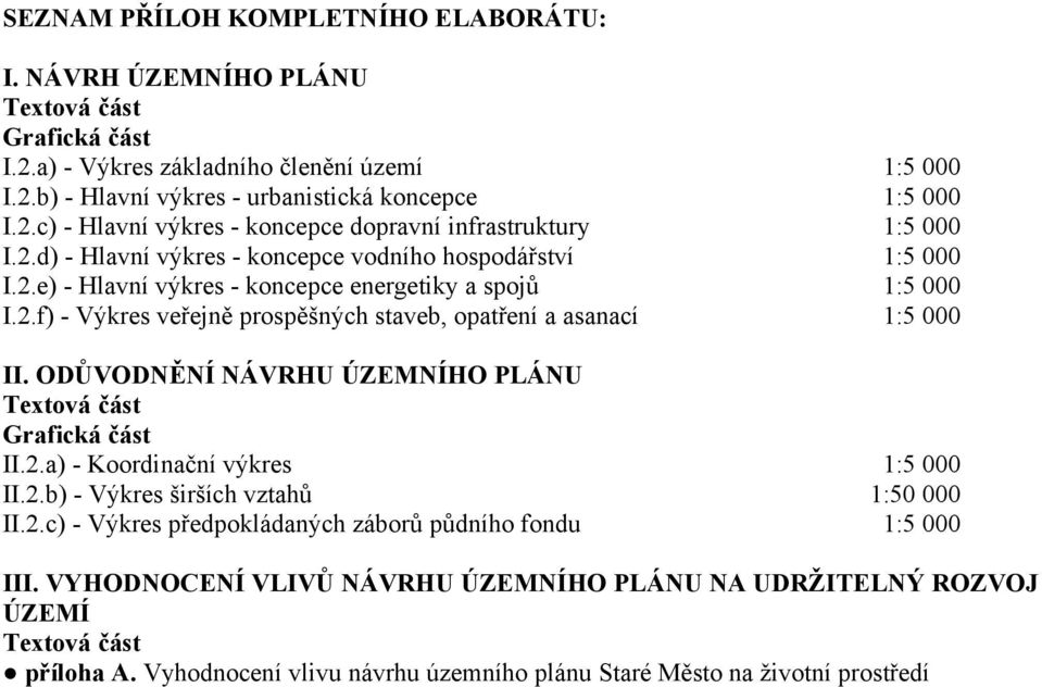 ODŮVODNĚNÍ NÁVRHU ÚZEMNÍHO PLÁNU Textová část Grafická část II.2.a) - Koordinační výkres 1:5 000 II.2.b) - Výkres širších vztahů 1:50 000 II.2.c) - Výkres předpokládaných záborů půdního fondu 1:5 000 III.