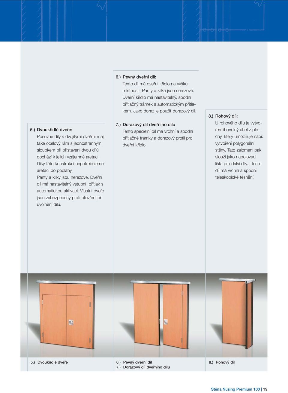 Vlastní dveře jsou zabezpečeny proti otevření při uvolnění dílu. 6.) Pevný dveřní díl: Tento díl má dveřní křídlo na výšku místnosti. Panty a klika jsou nerezové.