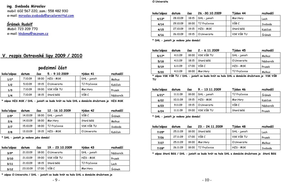Univerzita VSK VŠB TU Šrámek V. rozpis 0stravské ligy 2009 / 2010 kolo/zápas datum čas 2.- 6.11.2009 Týden 45 rozhodčí 5/17* 4.11.09 18:00 VSK VŠB TU DHL - junioři Melkus 5/18 4.11.09 18:15 Stará bělá O.
