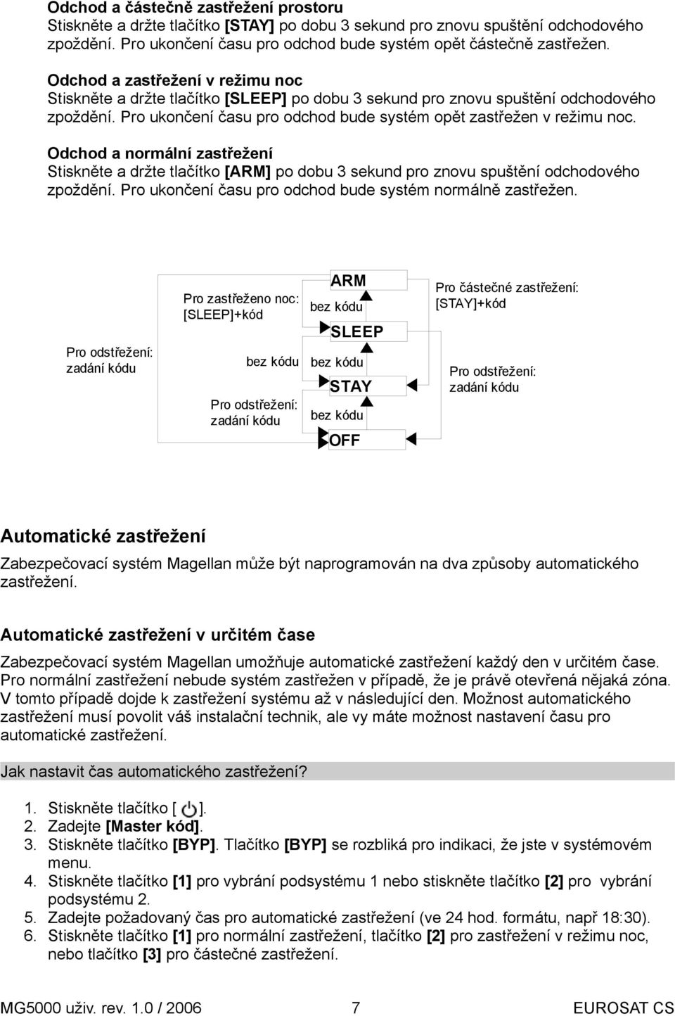 Odchod a normální zastřežení Stiskněte a držte tlačítko [ARM] po dobu 3 sekund pro znovu spuštění odchodového zpoždění. Pro ukončení času pro odchod bude systém normálně zastřežen.