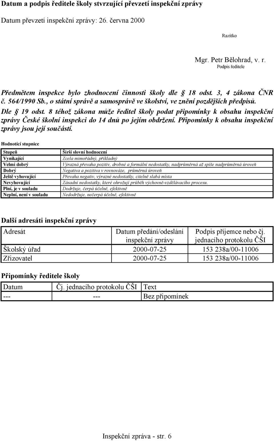 8 téhož zákona může ředitel školy podat připomínky k obsahu inspekční zprávy České školní inspekci do 14 dnů po jejím obdržení. Připomínky k obsahu inspekční zprávy jsou její součástí.