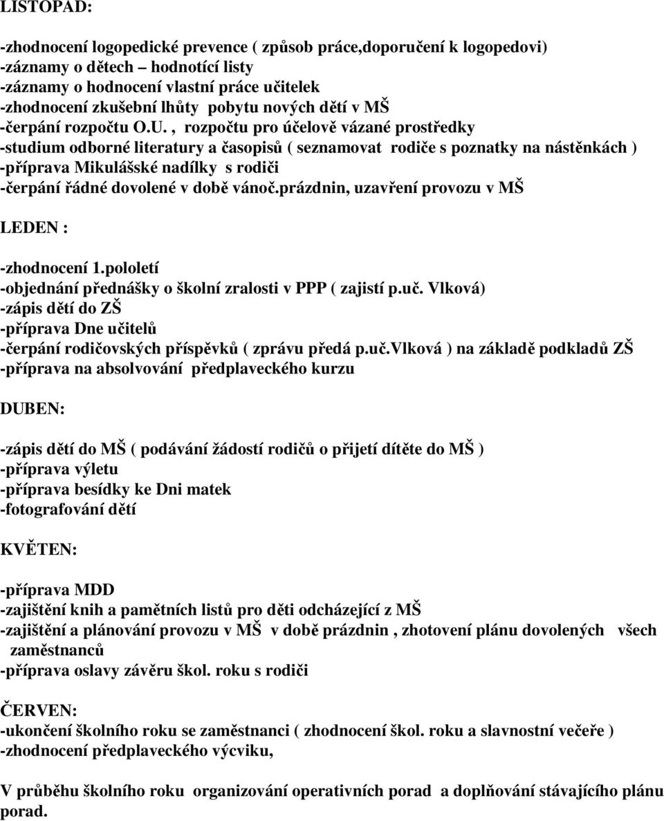 , rozpočtu pro účelově vázané prostředky -studium odborné literatury a časopisů ( seznamovat rodiče s poznatky na nástěnkách ) -příprava Mikulášské nadílky s rodiči -čerpání řádné dovolené v době