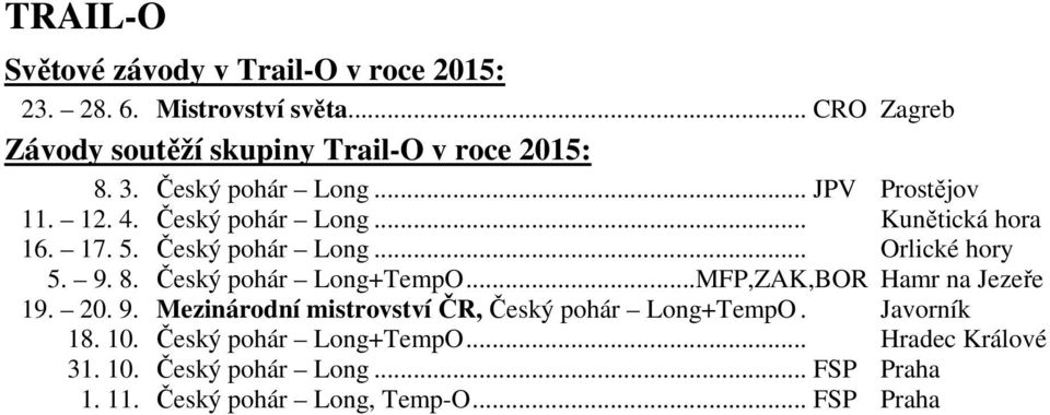 17. 5. Český pohár Long... Orlické hory 5. 9. 8. Český pohár Long+TempO...MFP,ZAK,BOR Hamr na Jezeře 19. 20. 9. Mezinárodní mistrovství ČR, Český pohár Long+TempO.